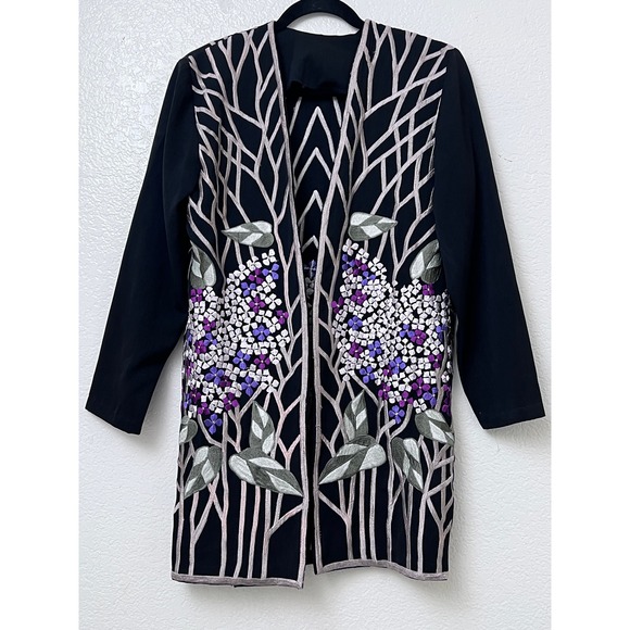 Floral Embroidered Duster Jacket Open Front Lightweight Black Size Medium - Picture 1 of 10